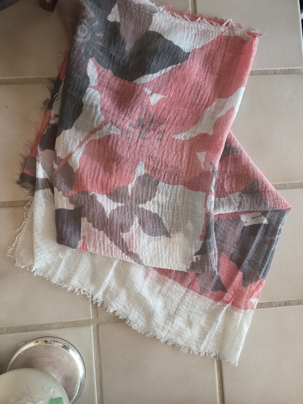 Floral Lightweight Wrap Scarf in Coral, Gray & Cream